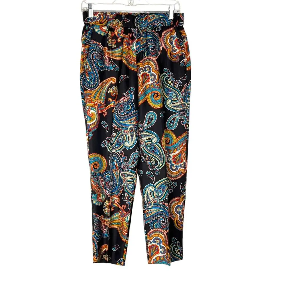 J.Crew Women's Size 6 Silk Black Multicolor Paisley Mid-Rise Pants Boho Slim